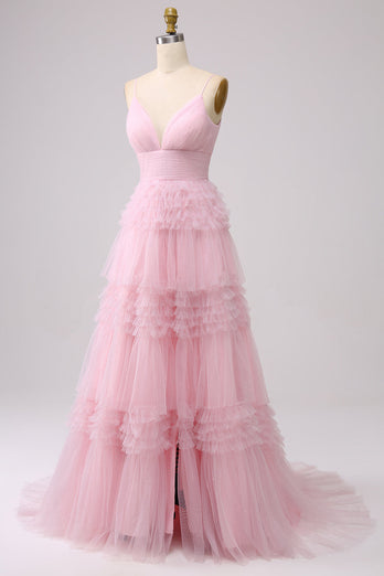 A Line Spaghetti Straps Pink Princess Prom Dress with Ruffles