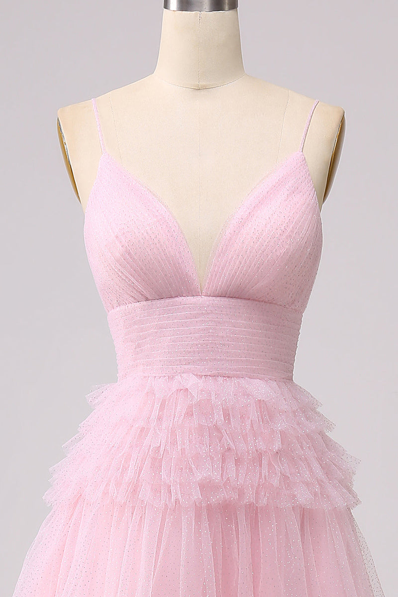 Load image into Gallery viewer, A Line Spaghetti Straps Pink Princess Prom Dress with Ruffles