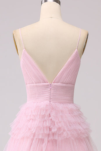 A Line Spaghetti Straps Pink Princess Prom Dress with Ruffles