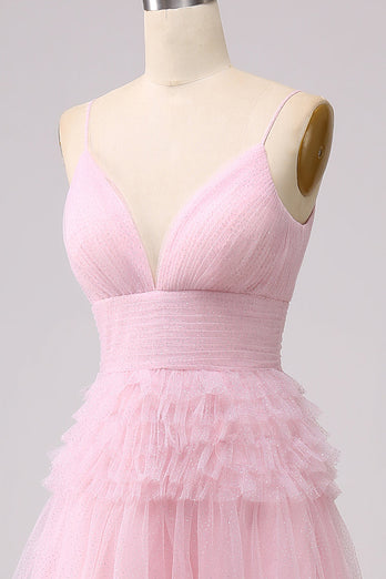 A Line Spaghetti Straps Pink Princess Prom Dress with Ruffles