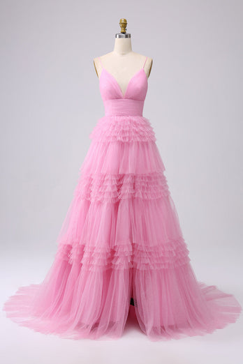 A Line Spaghetti Straps Pink Princess Prom Dress with Ruffles