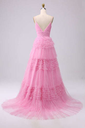 A Line Spaghetti Straps Pink Princess Prom Dress with Ruffles