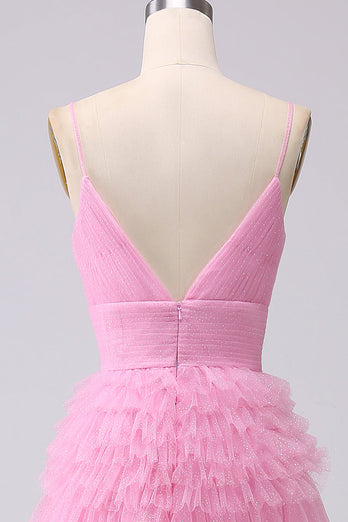 A Line Spaghetti Straps Pink Princess Prom Dress with Ruffles