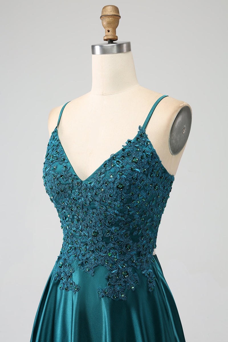 Load image into Gallery viewer, Peacock Green A-Line Spaghetti Straps Long Prom Dress with Slit