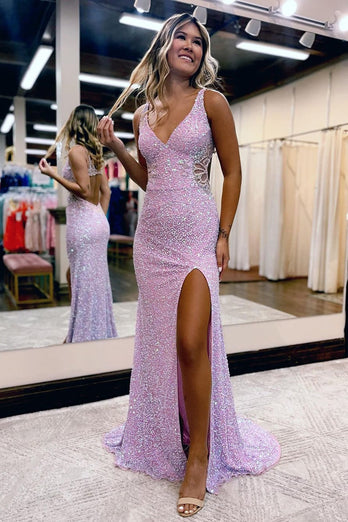 Sheath V Neck Lilac Sequins Long Prom Dress with Split Front