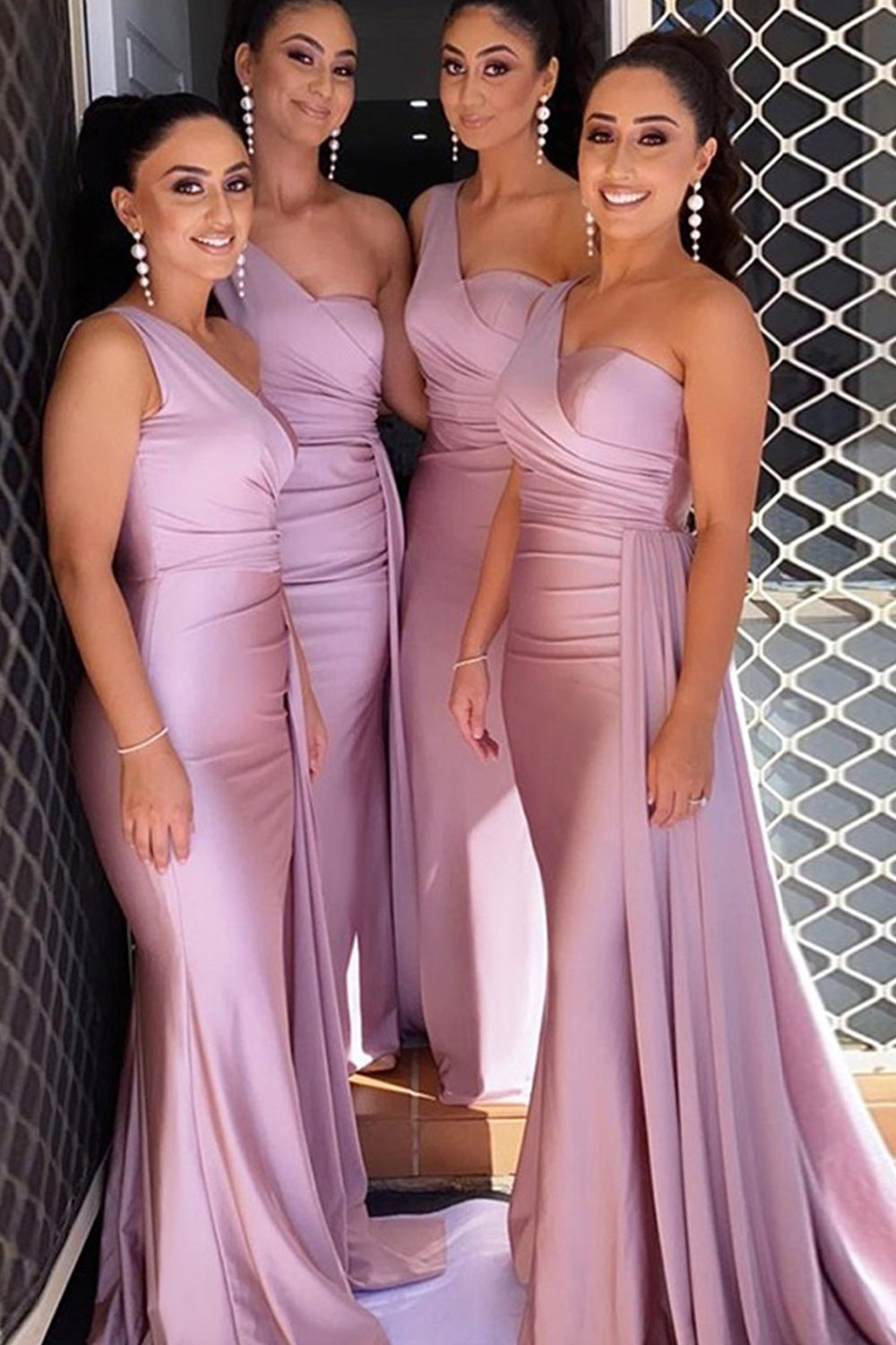 One Shoulder Purple Satin Bridesmaid Dress With Pleated Side Draping