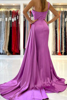 Load image into Gallery viewer, One Shoulder Purple Satin Bridesmaid Dress With Pleated Side Draping