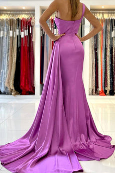 One Shoulder Purple Satin Bridesmaid Dress With Pleated Side Draping