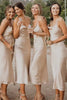 Load image into Gallery viewer, Champagne Cowl Neck Tea-Length Satin Bridesmaid Dress with Sleeveless