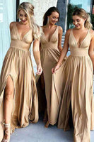 Load image into Gallery viewer, A-Line V-Neck Gold Bridesmaid Dress With Split Front