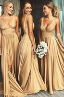 Load image into Gallery viewer, A-Line V-Neck Gold Bridesmaid Dress With Split Front