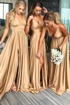 A-Line V-Neck Gold Bridesmaid Dress With Split Front