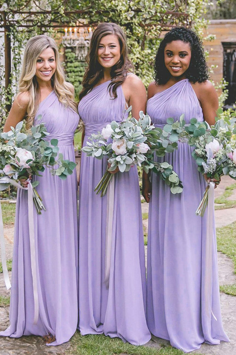 Load image into Gallery viewer, Lavender A Line One Shoulder Chiffon Bridesmaid Dress With Pleated