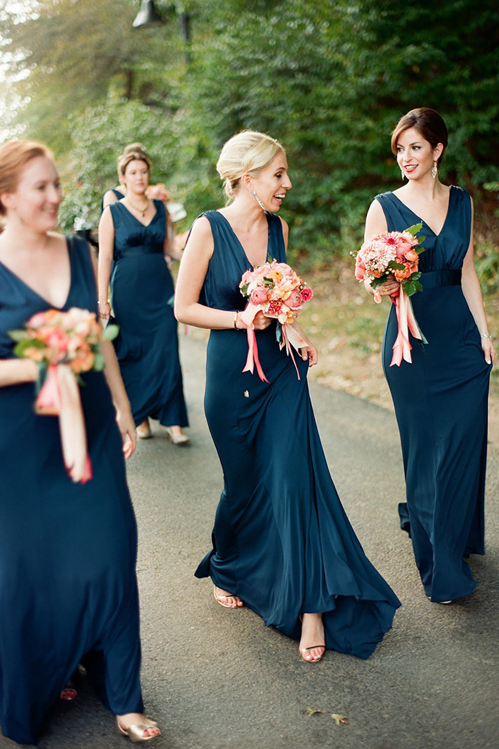 V-neck A Line Blue Bridesmaid Dresses with Pleated