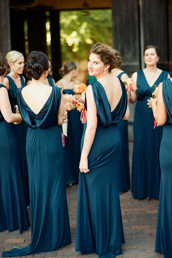 V-neck A Line Blue Bridesmaid Dresses with Pleated