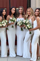 Load image into Gallery viewer, White Square Neck Satin Bridesmaid Dress With Split