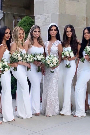 White Square Neck Satin Bridesmaid Dress With Split