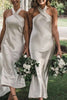 Load image into Gallery viewer, Halter Tea-Length Sleeveless Silver Satin Bridesmaid Dress