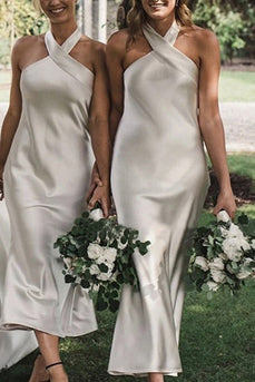 Halter Tea-Length Sleeveless Silver Satin Bridesmaid Dress
