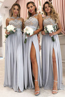 Load image into Gallery viewer, A Line Blue Appliques Chiffon Bridesmaid Dress With Slit