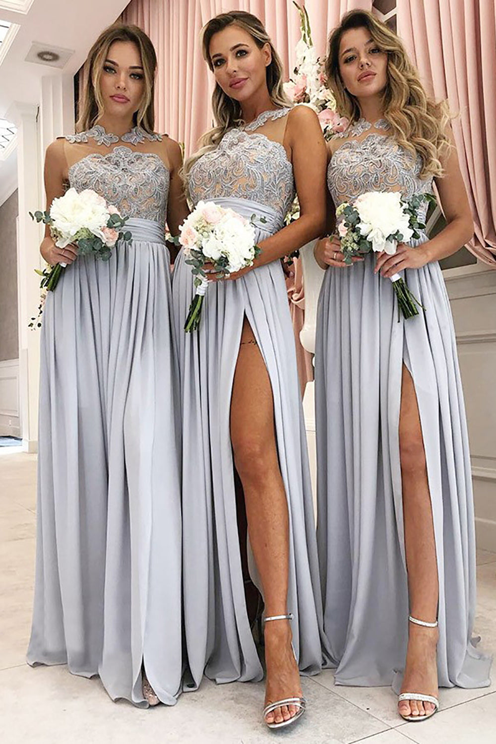 A Line Blue Appliques Chiffon Bridesmaid Dress With Slit