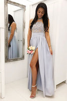 Load image into Gallery viewer, A Line Blue Appliques Chiffon Bridesmaid Dress With Slit