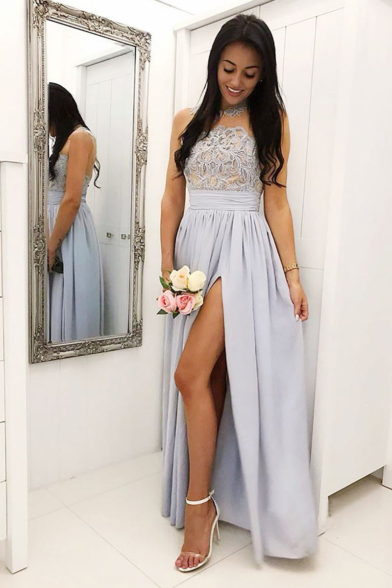 Load image into Gallery viewer, A Line Blue Appliques Chiffon Bridesmaid Dress With Slit