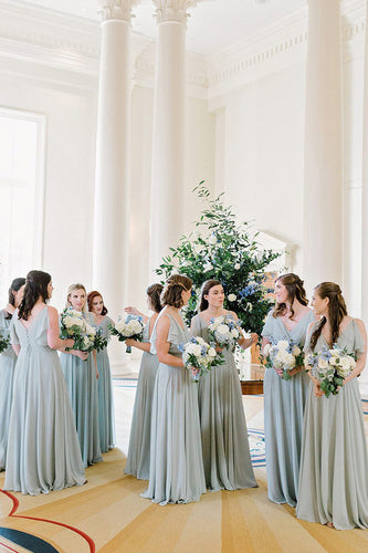 A Line Blue Chiffon Bridesmaid Dress with Pleated