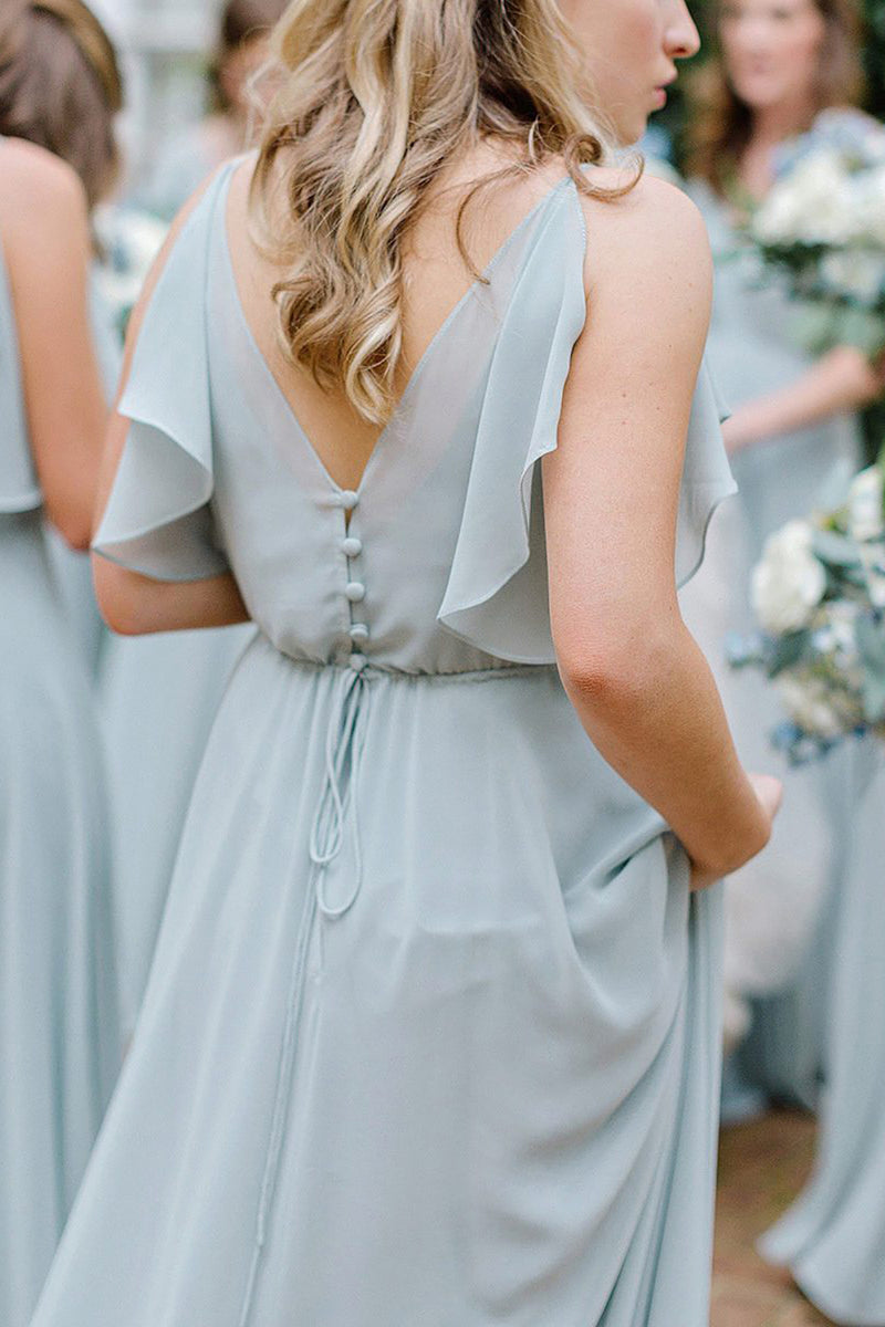 Load image into Gallery viewer, A Line Blue Chiffon Bridesmaid Dress with Pleated