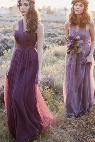 Purple A Line Convertible Wear Chiffon Bridesmaid Dress with Pleated