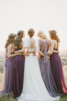 Purple A Line Convertible Wear Chiffon Bridesmaid Dress with Pleated