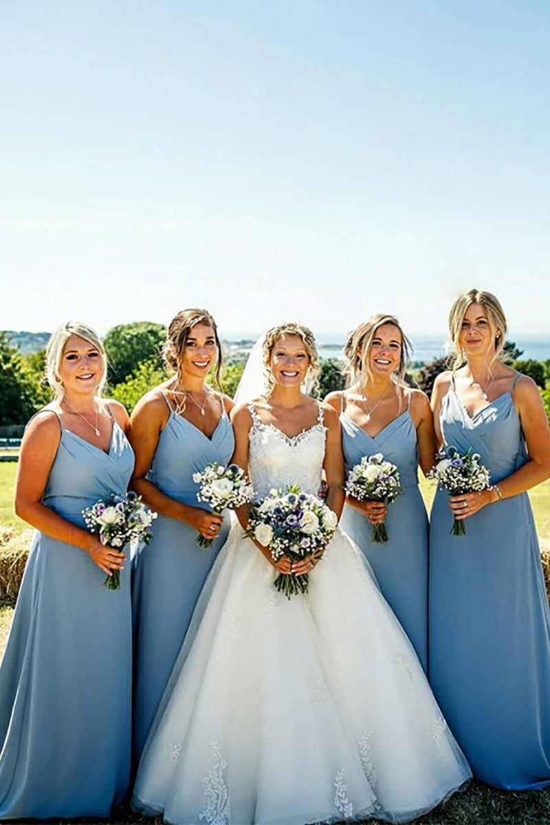 Load image into Gallery viewer, Spaghetti Straps A Line Blue Chiffon Bridesmaid Dress with Pleated