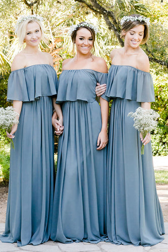 Off the Shoulder A Line Blue Chiffon Bridesmaid Dress with Pleated