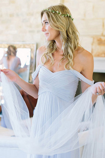 A-Line Off-The-Shoulder Blue Chiffon Bridesmaid Dress With Pleated
