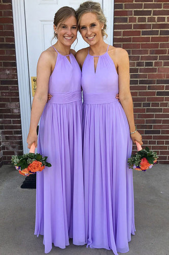 Purple A Line Halter Chiffon Bridesmaid Dress with Pleated