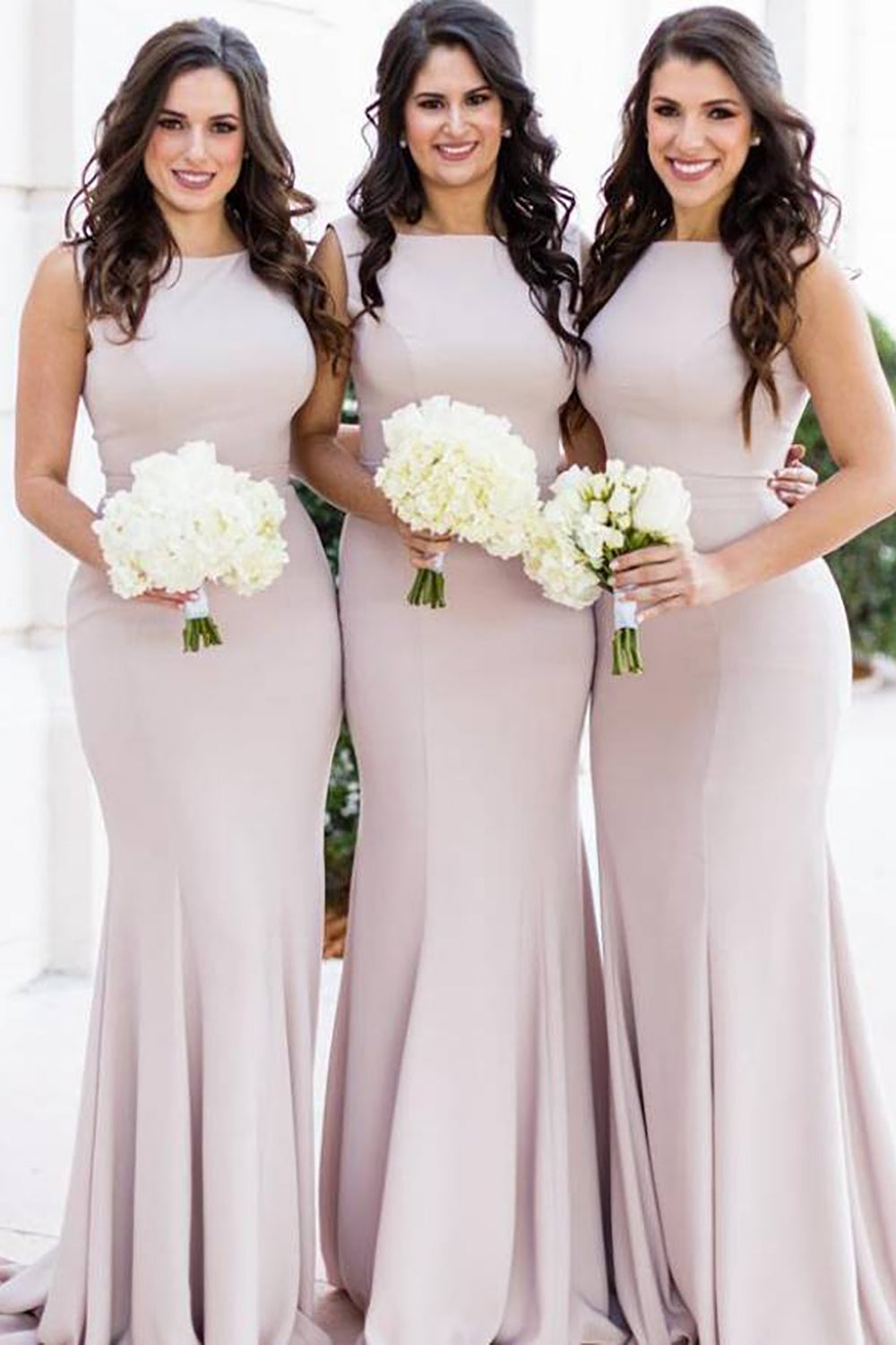 Champagne Sweep Train Satin Bridesmaid Dresses With Pleated