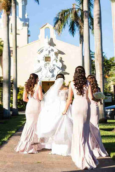 Champagne Sweep Train Satin Bridesmaid Dresses With Pleated