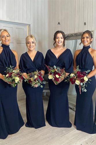 Navy Blue Long Satin Bridesmaid Dress With Pleated