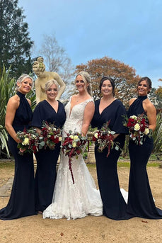 Navy Blue Long Satin Bridesmaid Dress With Pleated