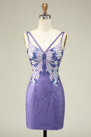 Load image into Gallery viewer, Sheath Spaghetti Straps Purple Sequins Short Graduation Dress
