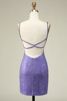 Load image into Gallery viewer, Sheath Spaghetti Straps Purple Sequins Short Graduation Dress