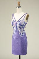 Load image into Gallery viewer, Sheath Spaghetti Straps Purple Sequins Short Graduation Dress