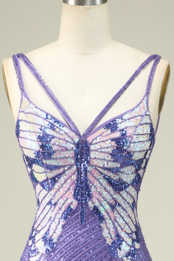Sheath Spaghetti Straps Purple Sequins Short Graduation Dress