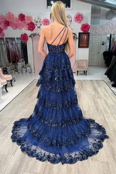 One Shoulder Tiered Navy Corset Prom Dress with Slit