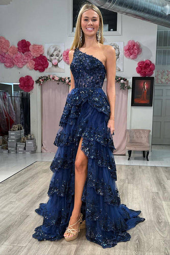 One Shoulder Tiered Navy Corset Prom Dress with Slit