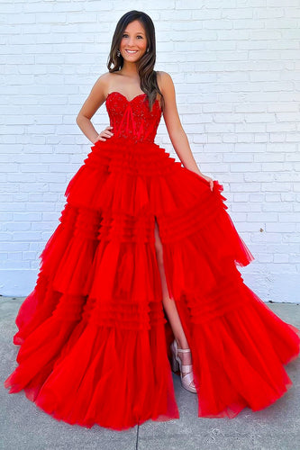 Red Tiered Sweetheart Long Corset Prom Dress with Slit