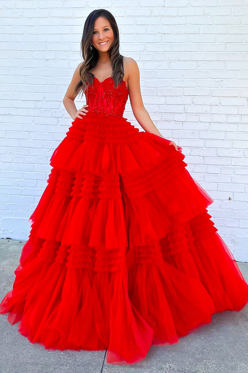 Load image into Gallery viewer, Red Tiered Sweetheart Long Corset Prom Dress with Slit