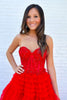 Load image into Gallery viewer, Red Tiered Sweetheart Long Corset Prom Dress with Slit