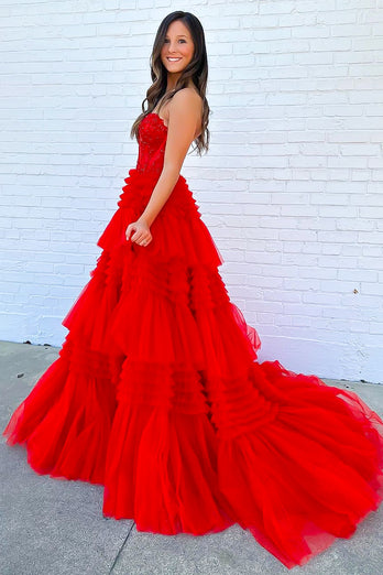 Red Tiered Sweetheart Long Corset Prom Dress with Slit