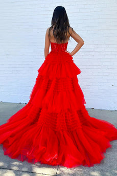 Red Tiered Sweetheart Long Corset Prom Dress with Slit